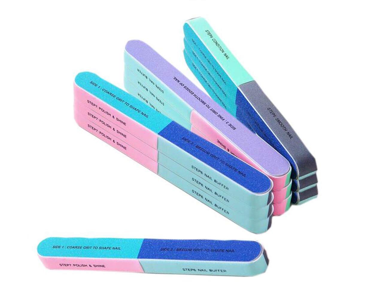 Pack of 10 Washable 7-Way Colorful Emery Board Gel Polish Nail File and Buffer Block Cosmetic Manicure Pedicure Nail Buffering Files