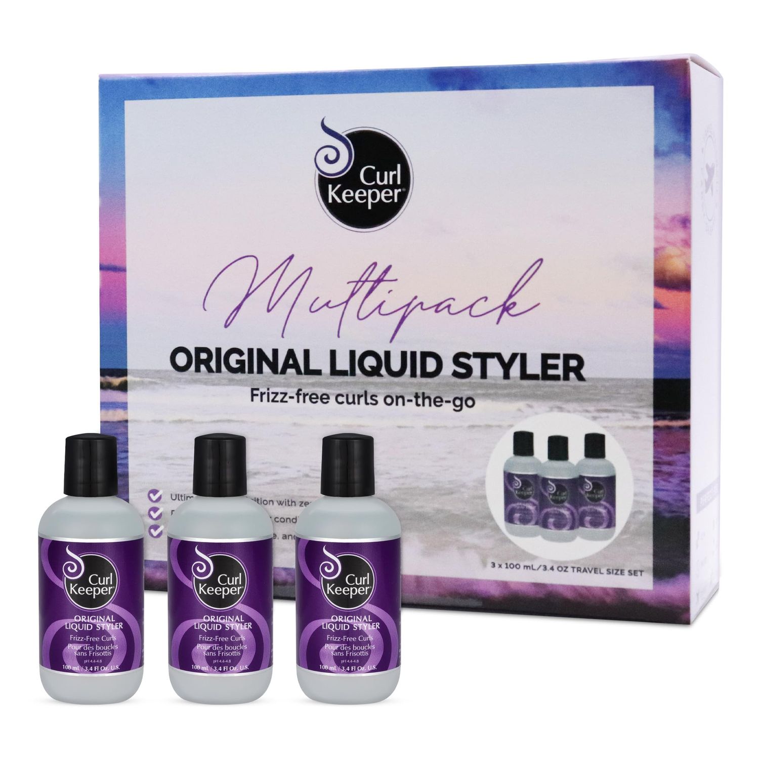 Original Curl Keeper Travel (Carry-On Approved) Multi-Pack, Anti-Frizz Curl Defining Hair Styler (3 x 100ml) - Curl Definer Liquid Gel - Wavy &amp; Curly Hair Products for Women (Cream Alternative)