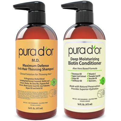 PURA D&#39;OR MD Anti-Thinning Biotin Shampoo &amp; Conditioner Set (16oz x2) Maximum Defense Coal-Tar Strong Scented DHT Blocker Hair Thickening Products For Women &amp; Men, Daily Shampoo For Scalp Health
