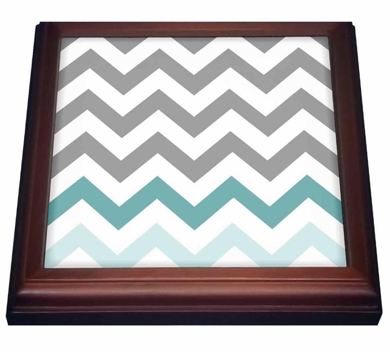3dRose Grey Chevron with Mint Turquoise Zig Zag Accent Gray Zigzag Pattern Trivet with Ceramic Tile, 8 by 8", Brown
