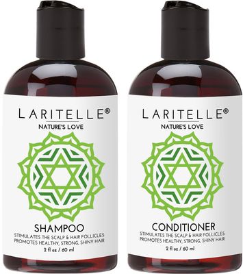 Laritelle Organic Travel Size Shampoo 2 oz + Travel Size Conditioner 2 oz | Organic Quinoa + Keratin + Follicle Stimulating Rosemary, Ginger &amp; Grapefruit | NO GMO. Vegan