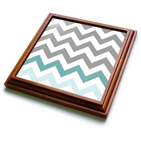 3dRose Grey Chevron with Mint Turquoise Zig Zag Accent Gray Zigzag Pattern Trivet with Ceramic Tile, 8 by 8", Brown
