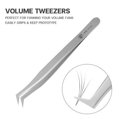 Pretty memory Volume Lash Tweezers, Stainless Steel Eyelash Extension Tweezers, Professional Precision Mega Curved Angled Tweezer, Silver