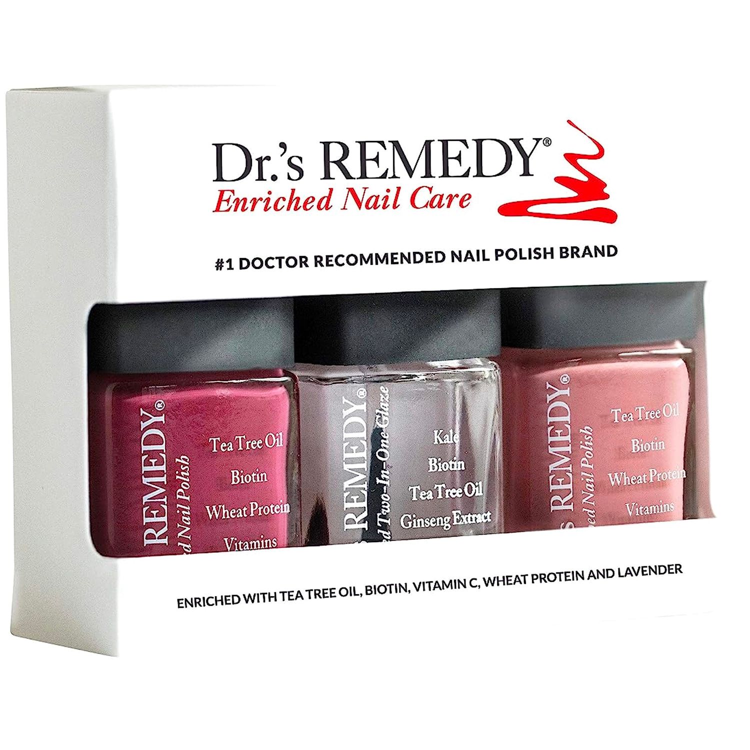 Drs Remedy 3 Pack Nail Polish Kit, ANNIVERSARY Kit, All Natural Enriched Nail Strengthener Non Toxic and Organic - BRAVE Berry/TOTAL Two-in-One Glaze/RESILIENT Rose