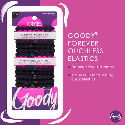 Goody Ouchless Forever Hair Elastics - 10 Ct, Black, Damage-Free Bands, 3X Stronger Hair Ties, Retainable Shape, 16 Strand Inner Core, Hair Accessories for Women &amp; Men, All Hair Types
