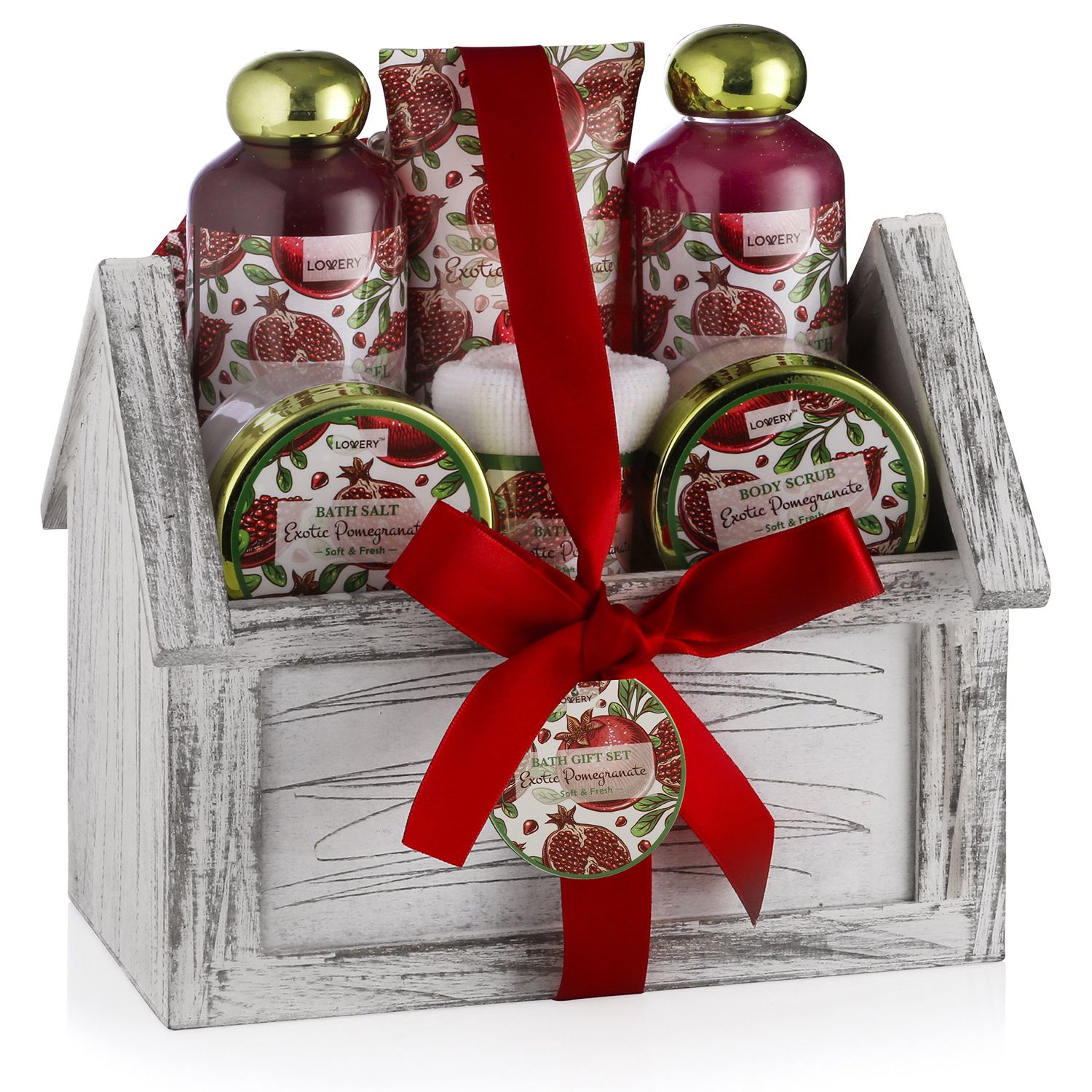 House Warming Gifts New Home Spa Gift Basket, 8pc Bath &amp; Body Set for Women, Exotic Pomegranate Scent, Shower Gel, Bubble Bath, Lotion, Bath Salt, Body Scrub, Towel, Cosmetic Bag, Housewarming Gift.