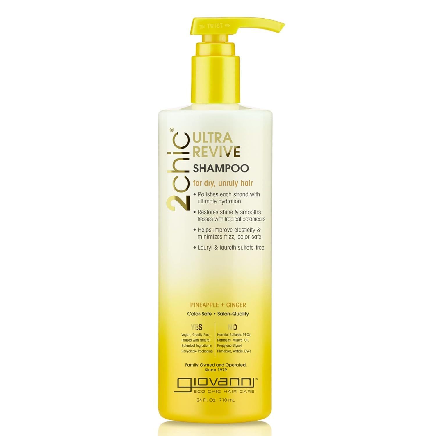 GIOVANNI 2chic Ultra-Revive Shampoo - Pineapple &amp; Ginger to Moisturize Dry Unruly Hair, Coconut, Guava, Aloe Vera, Pro-Vitamin B5, Lauryl &amp; Laureth Sulfate Free, No Parabens, Color Safe - 24 oz