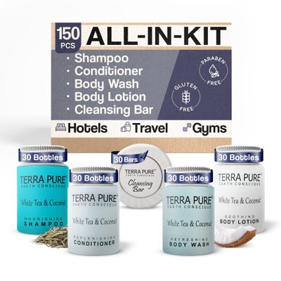 Terra Pure White Tea and Coconut Hotel Soaps and Toiletries Bulk Set |1-Shoppe All-In-Kit for Hotels | 1oz Shampoo &amp; Conditioner, Body Wash, Lotion &amp; 1.25oz Bar Soap |Travel Size Toiletries 150 Pieces