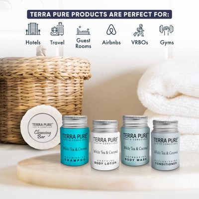 Terra Pure White Tea and Coconut Hotel Soaps and Toiletries Bulk Set |1-Shoppe All-In-Kit for Hotels | 1oz Shampoo & Conditioner, Body Wash, Lotion & 1.25oz Bar Soap |Travel Size Toiletries 150 Pieces