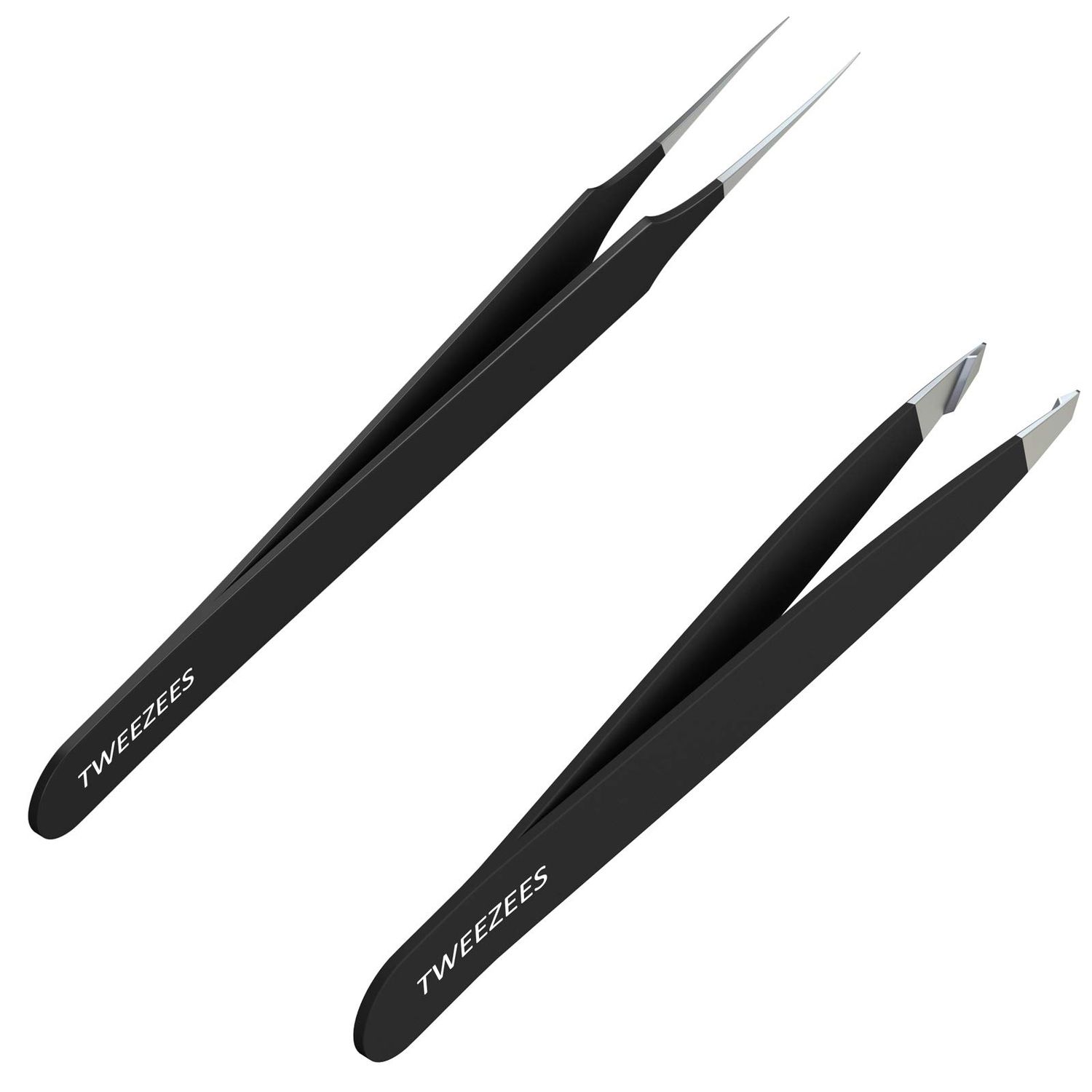 Tweezees Precision Black Stainless Steel Tweezers | Professional Slant Tip &amp; Splinter Tip Tweezer For Eyebrows | Extra Sharp Hair Removal Tool | For Eyebrow Shaping | For Men And Women