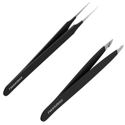 Tweezees Precision Black Stainless Steel Tweezers | Professional Slant Tip &amp; Splinter Tip Tweezer For Eyebrows | Extra Sharp Hair Removal Tool | For Eyebrow Shaping | For Men And Women