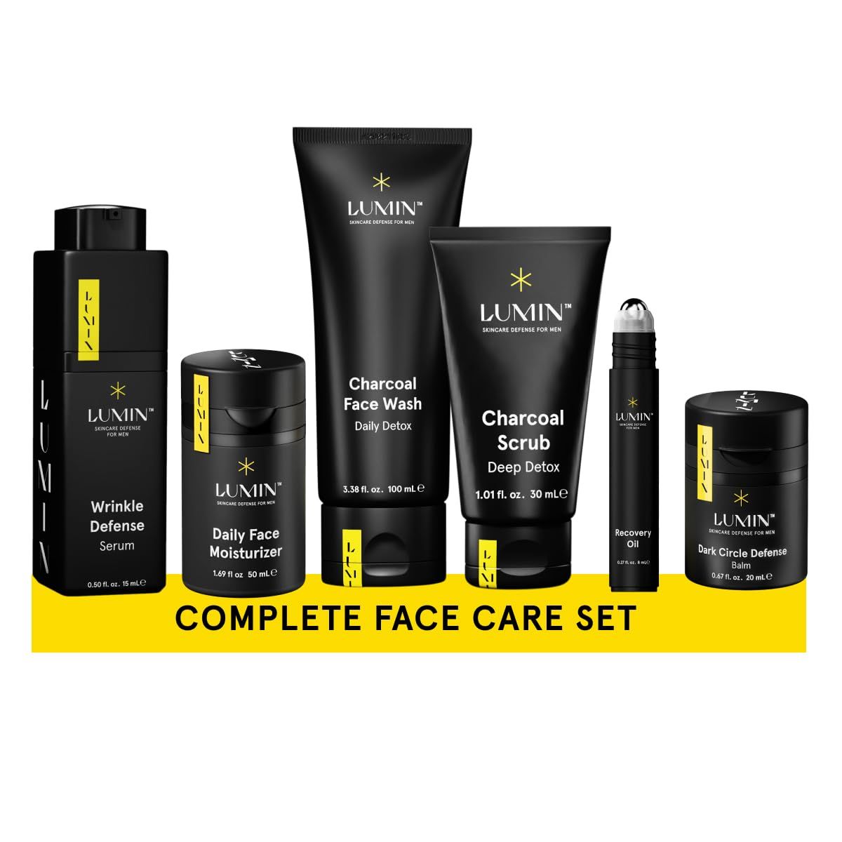 Lumin - Complete Set Men&#39;s skincare Routine includes: Charcoal Face Wash, Charcoal Scrub, Face Moisturizer, Wrinkle Serum, Recovery Oil &amp; Dark Circle Defense Balm