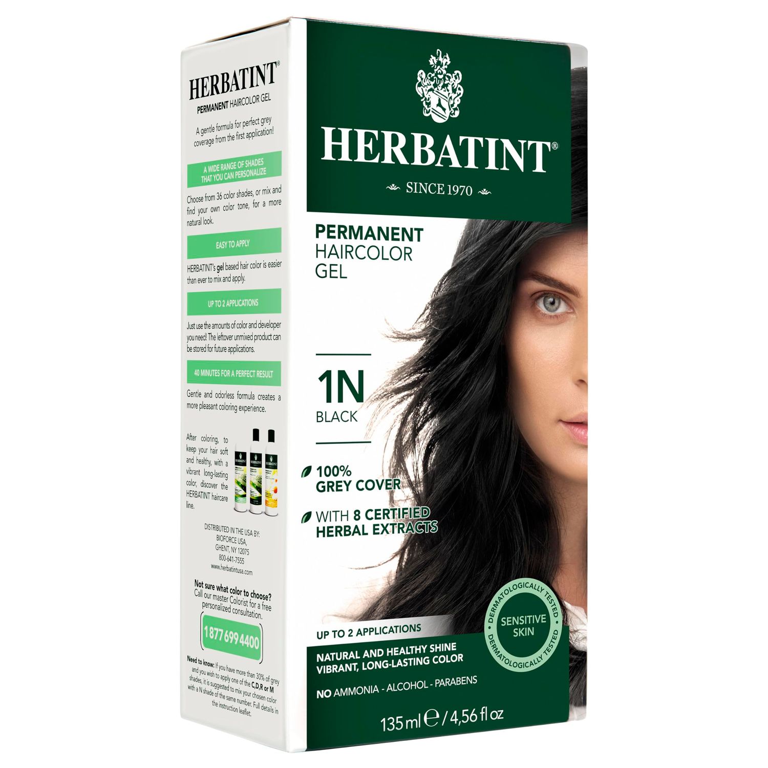 Herbatint Permanent Haircolor Gel, 1N Black, Alcohol Free, Vegan, 100% Grey Coverage - 4.56 oz