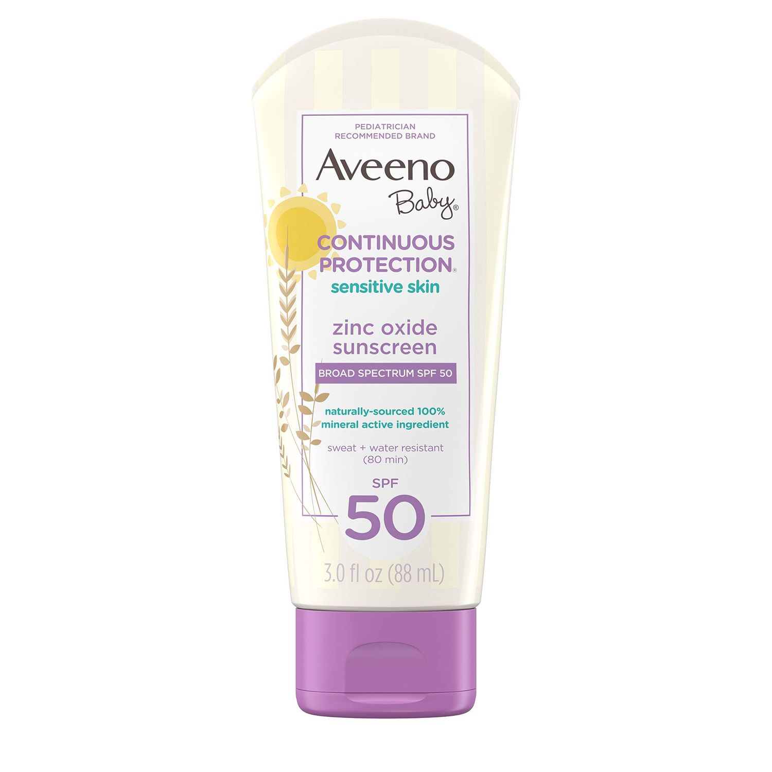 Aveeno Baby Continuous Protection Zinc Oxide Mineral Sunscreen Lotion for Sensitive Skin, Broad Spectrum SPF 50, Tear-Free, Sweat- &amp; Water-Resistant, Paraben-Free, Travel-Size, 3 fl. oz