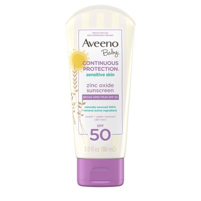 Aveeno Baby Continuous Protection Zinc Oxide Mineral Sunscreen Lotion for Sensitive Skin, Broad Spectrum SPF 50, Tear-Free, Sweat- &amp; Water-Resistant, Paraben-Free, Travel-Size, 3 fl. oz