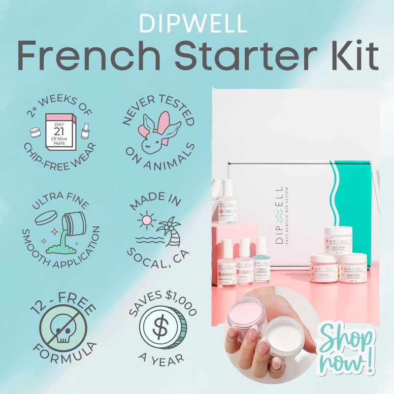DipWell Acrylic Nail Kit: Clear Acrylic Powder and Gel Resin for Long-lasting, Chip Resistant Nails, Includes Acrylic Nail Powder, Bond, Base, Activator, Sealer, Nail Brush Softener - French Kit
