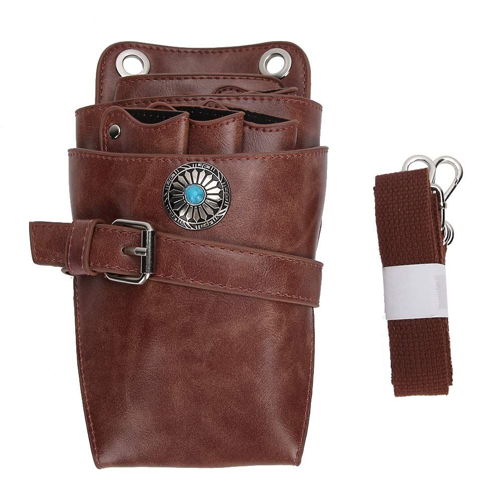 Hair Scissor Holster Pouch with Waist Shoulder Belt for Hairdressers Barber PU Leather Shears Hairdressing Tool Case Bag Holder Brown