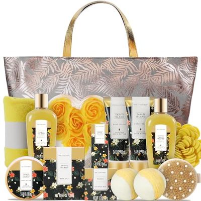Spa Gifts Basket for Women, Spa Luxetique Tahiti Island Bath Gift Set, 15pcs Luxury Self Care Kit with Bath Bombs, Essential Oil, Hand Cream, Bath Salt, Tote Bag, Birthday Day Gifts