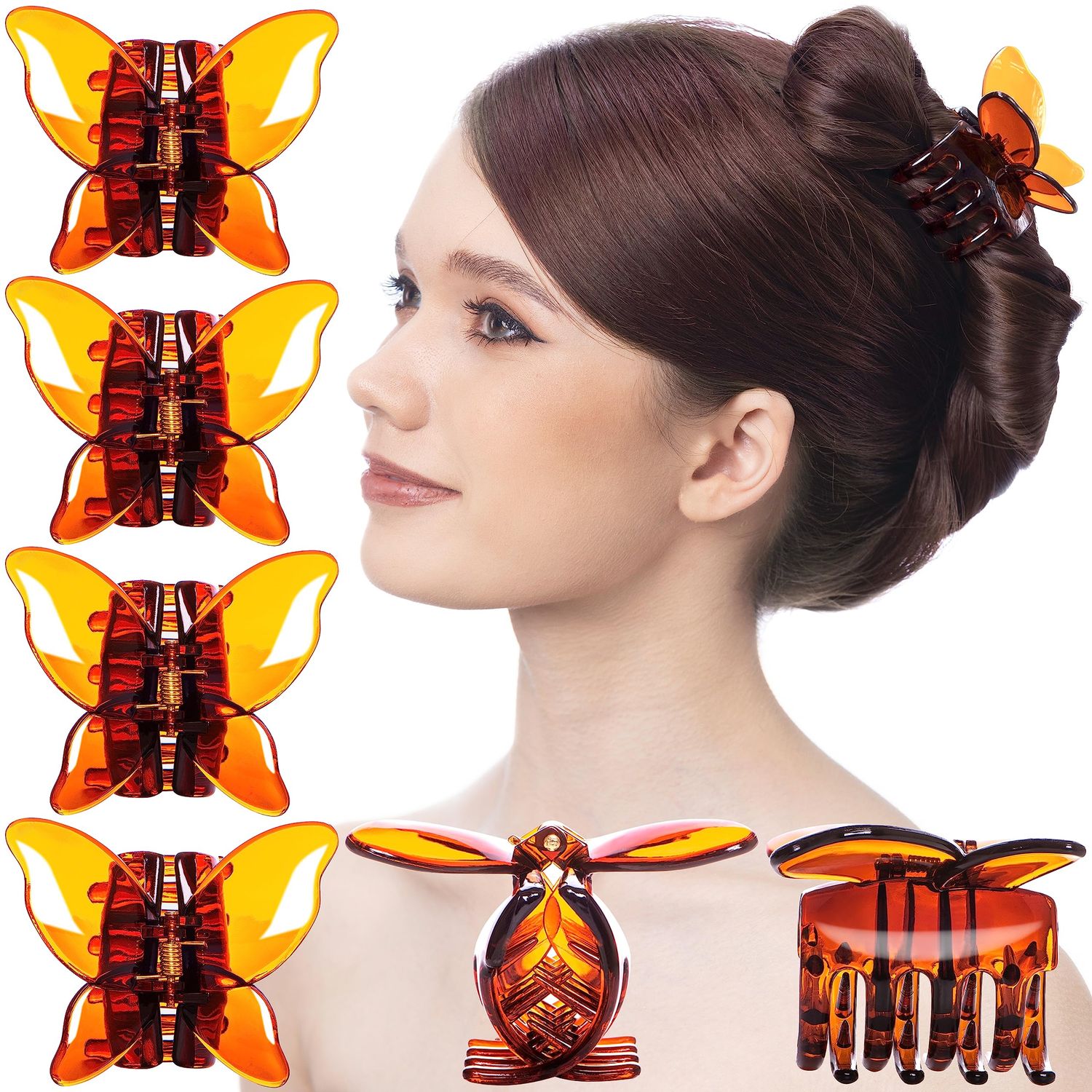 RC ROCHE ORNAMENT 6 Pcs Womens Butterfly Claw Jaw Strong Hold Grip No Slip Plastic Chic Styling Beauty Fashion Premium Professional Accessories Girls Ladies, Medium Brown