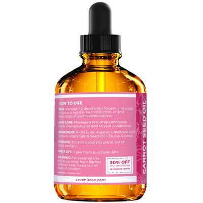 Carrot Seed Oil by Leven Rose, 100% Pure Unrefined Cold Pressed Moisturizer for Hair Skin and Nails 2 oz