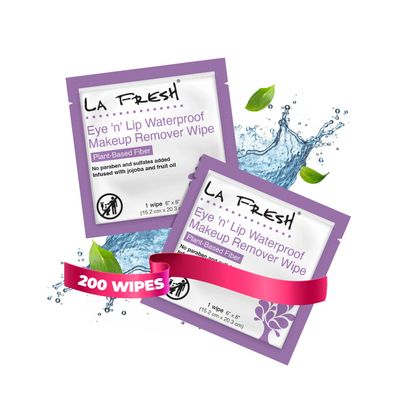 LA Fresh Eye &#39;N Lip Makeup Remover Wipes Case of 200 Wipes Made With Vitamin E, Olive Oil, Jojoba To Leave Skin Soft And Smooth Convenient Size For Purse, Gym Bag, Nightstand, Car