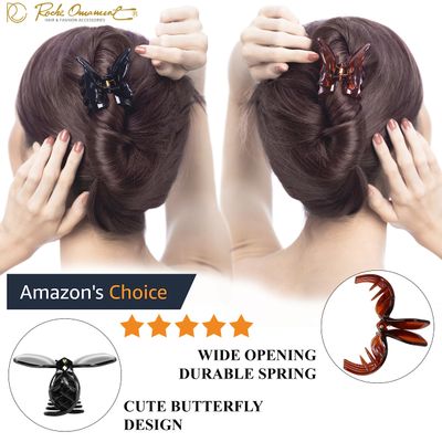 RC ROCHE ORNAMENT 6 Pcs Womens Butterfly Claw Jaw Strong Hold Grip No Slip Plastic Chic Styling Beauty Fashion Premium Professional Accessories Girls Ladies, Medium Brown