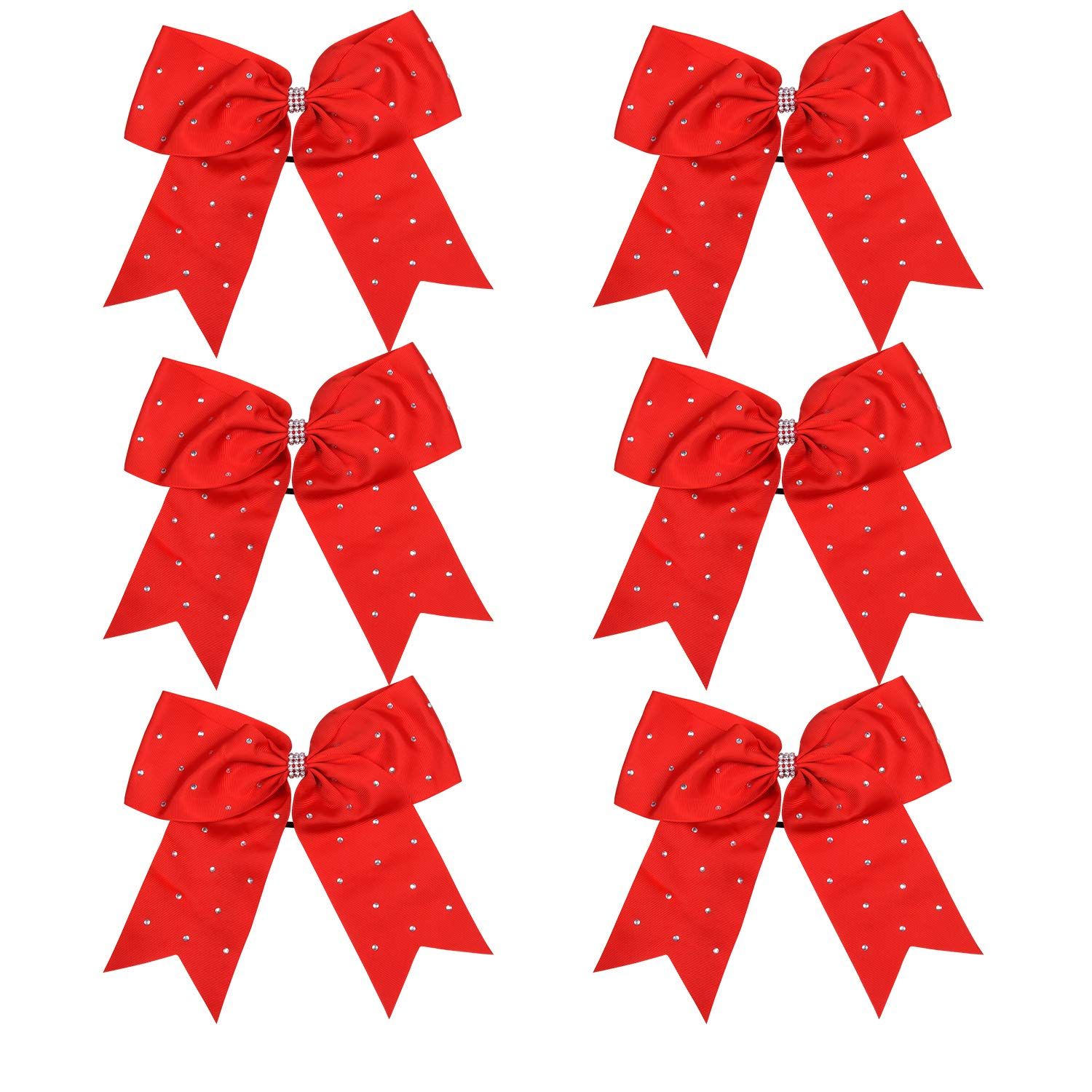 8 Inch Jumbo Cheerleader Bows with Bling Fling Rhinestones Ponytail Holder Cheerleading Bows Hair Tie 6 Pcs College (Red)