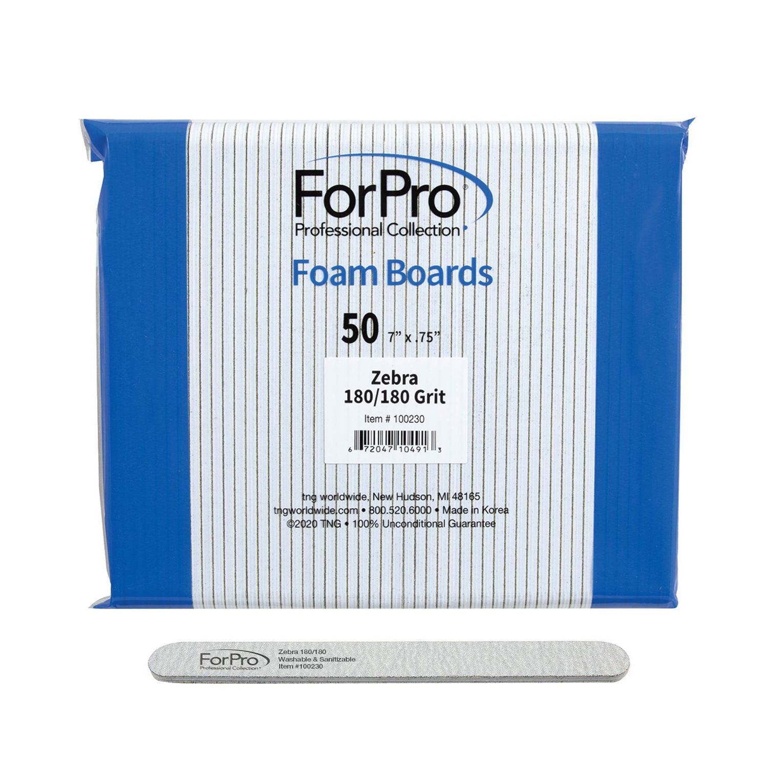 ForPro Professional Collection Zebra Foam Board, 180/180 Grit, Double-Sided Manicure Nail File, 7 L x .75 W, 50-Count