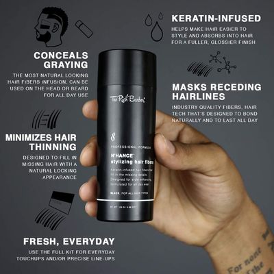 The Rich Barber NHance Hair Building Fibers, 3 Month Supply - Barber Hair Thickening Fibers, 25 grams - Grey Hair Concealer Spray - Sharper Hairlines, Thicker Beard & Fuller Hairstyling (Black)