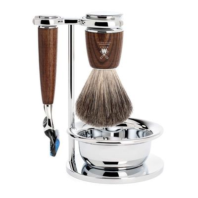 MHLE RYTMO Steamed Ash 4-piece Pure Badger 5-Blade Razor Modern Luxury Wet Shaving Set - Perfect for Every Day Use, Barbershop Quality Close Smooth Shave