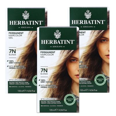 Herbatint Permanent Haircolor Gel, 7N Blonde, Alcohol Free, Vegan, 100% Grey Coverage - 4.56 oz (3 Pack)