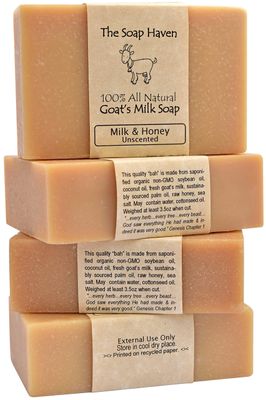 4 Goat Milk Soap Bars with Honey - Handmade in USA. All Natural Soap, Unscented, Fragrance Free, Fresh Goats Milk. Wonderful for Sensitive Skin and Babies. SLS, Paraben, GMO-Free