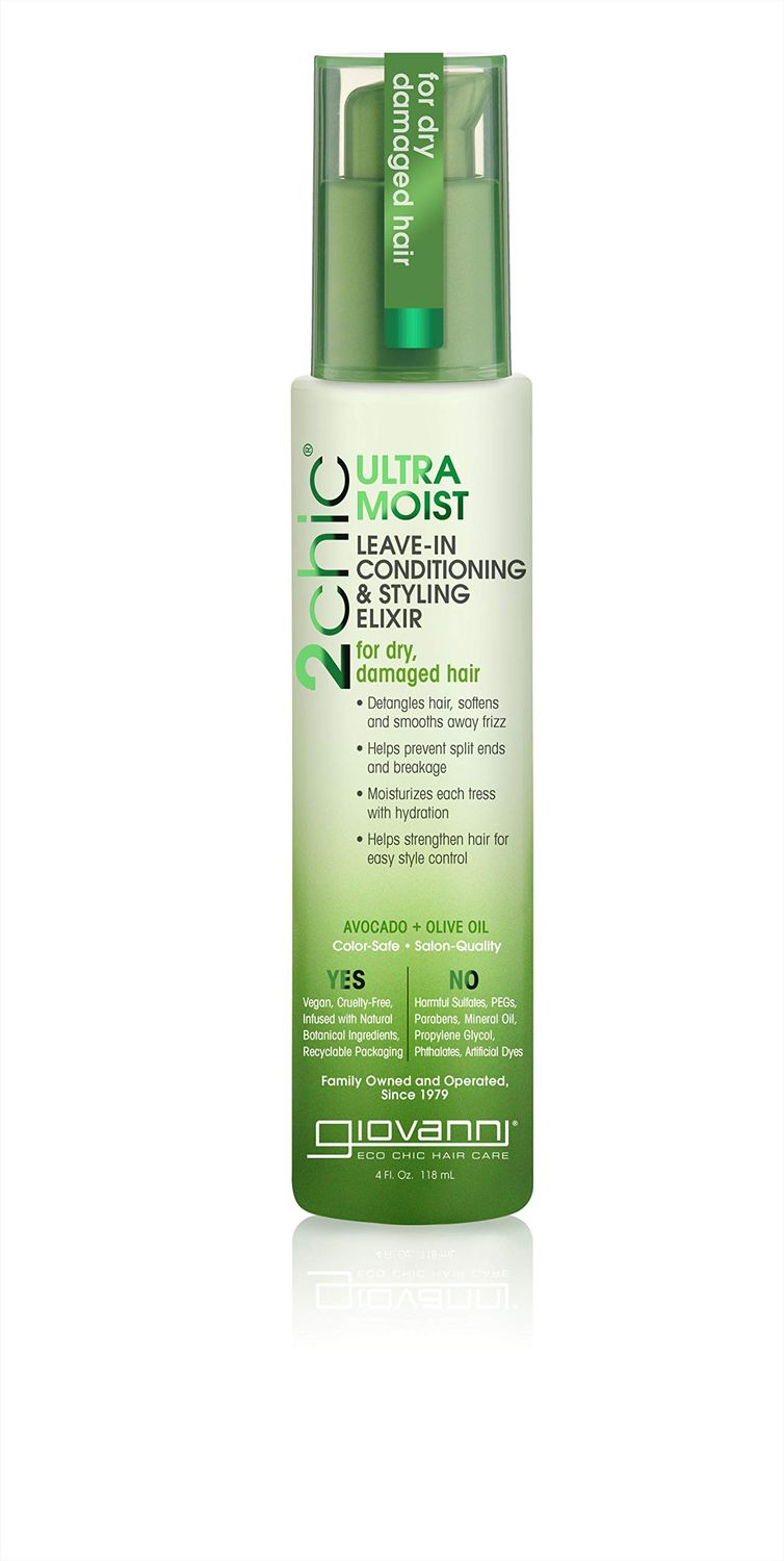 GIOVANNI 2chic Ultra-Moist Leave-In Conditioning Styling Elixir - Smoothes Frizz Prevents Breakage, For Dry &amp; Damaged Hair, Avocado &amp; Olive Oil, Enriched with Aloe Vera, Shea Butter - 4 fl oz
