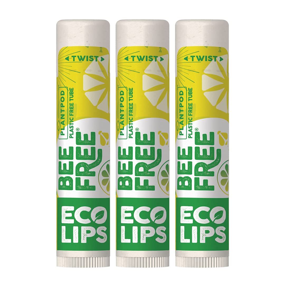 Vegan Lip Balm Lemon Lime Flavor 3 Pack - Bee Free with Candelilla Wax, Cocoa Butter &amp; Coconut Oil Lip Care. Soothe &amp; Moisturize Dry, Chapped Lips - 100% Plastic-Free Plant Pod Packaging - Made in USA