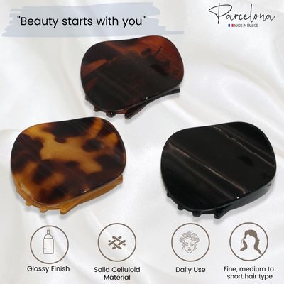 Parcelona French Onde Tortoise Shell Black and Savana Small 2 Celluloid Set of 3 Round Side Slide In Secure Grip Hair Claw for Women and Girls