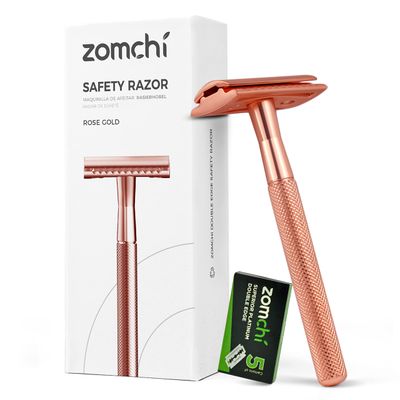 ZOMCHI Safety Razor for Men&amp;Women with 5 Double Edge Safety Razor Blades, Double Edge Razor, Reusable Razor, Plastic Free - Rose Gold