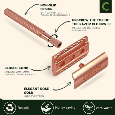 ZOMCHI Safety Razor for Men&amp;Women with 5 Double Edge Safety Razor Blades, Double Edge Razor, Reusable Razor, Plastic Free - Rose Gold