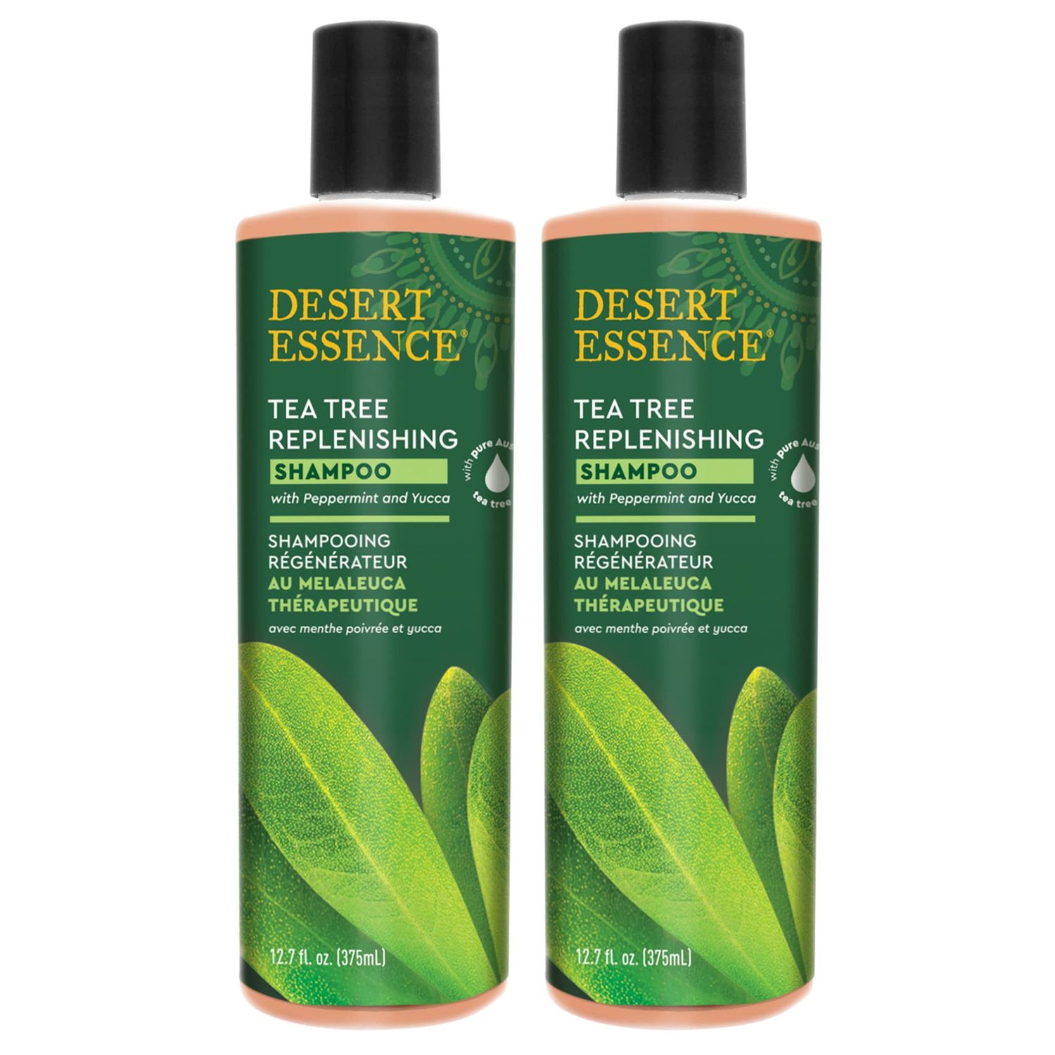 Desert Essence Tea Tree Replenishing Shampoo - 12.7 Fl Ounce - Pack of 2 - Therapeutic - Peppermint &amp; Yucca - Restore &amp; Nurture Hair - Reduce Flaking - All Skin Types
