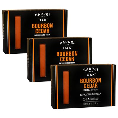 Barrel and Oak - Exfoliating Bar Soap, Men Soap Bar, Natural Exfoliator, Deep Cleans Pores &amp; Removes Dead Skin, Certified Sustainable Palm Oil, Kaolin Clay, &amp; Olive Stone (Bourbon Cedar, 6 oz, 3-Pack)