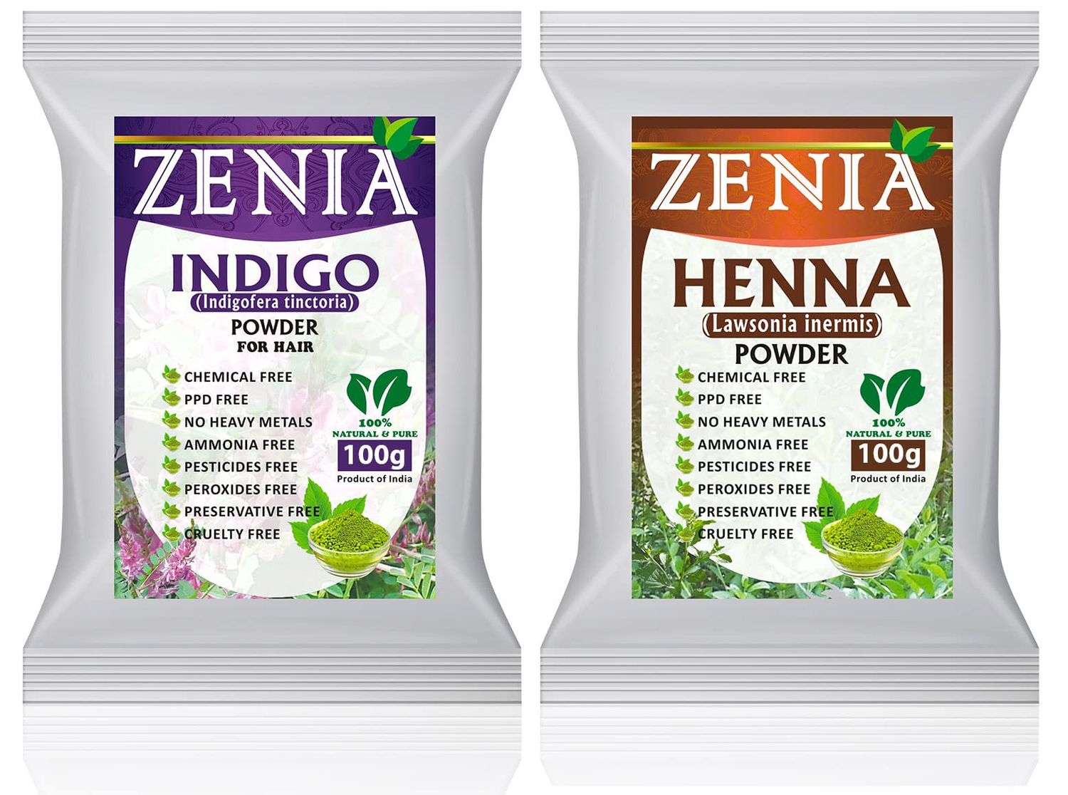 Zenia 100% Pure Indigo Powder and Henna Powder Hair Color Combo Kit | for Coloring Hair and Beard Black | 100 Grams Each | All Natural, Chemical Free, PPD-free, Ammonia-free