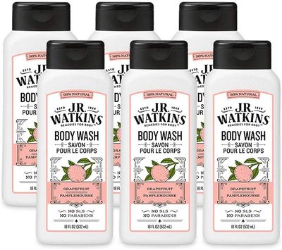 JR Watkins Natural Daily Moisturizing Body Wash, Grapefruit, 6 Pack, Hydrating Shower Gel for Men and Women, Free of SLS, USA Made and Cruelty Free, 18 fl oz