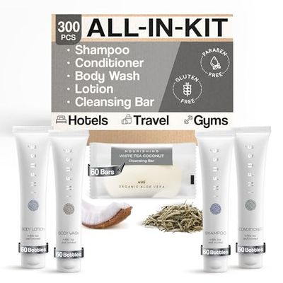 Infuse Pure White Tea and Coconut Hotel Soaps and Toiletries Bulk Set|1-Shoppe All-In-Kit for Hotels|1oz Shampoo &amp; Conditioner, Body Wash, Lotion &amp; 1.25oz Bar Soap|Travel Size 300 Pieces