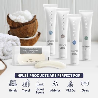 Infuse Pure White Tea and Coconut Hotel Soaps and Toiletries Bulk Set|1-Shoppe All-In-Kit for Hotels|1oz Shampoo & Conditioner, Body Wash, Lotion & 1.25oz Bar Soap|Travel Size 300 Pieces