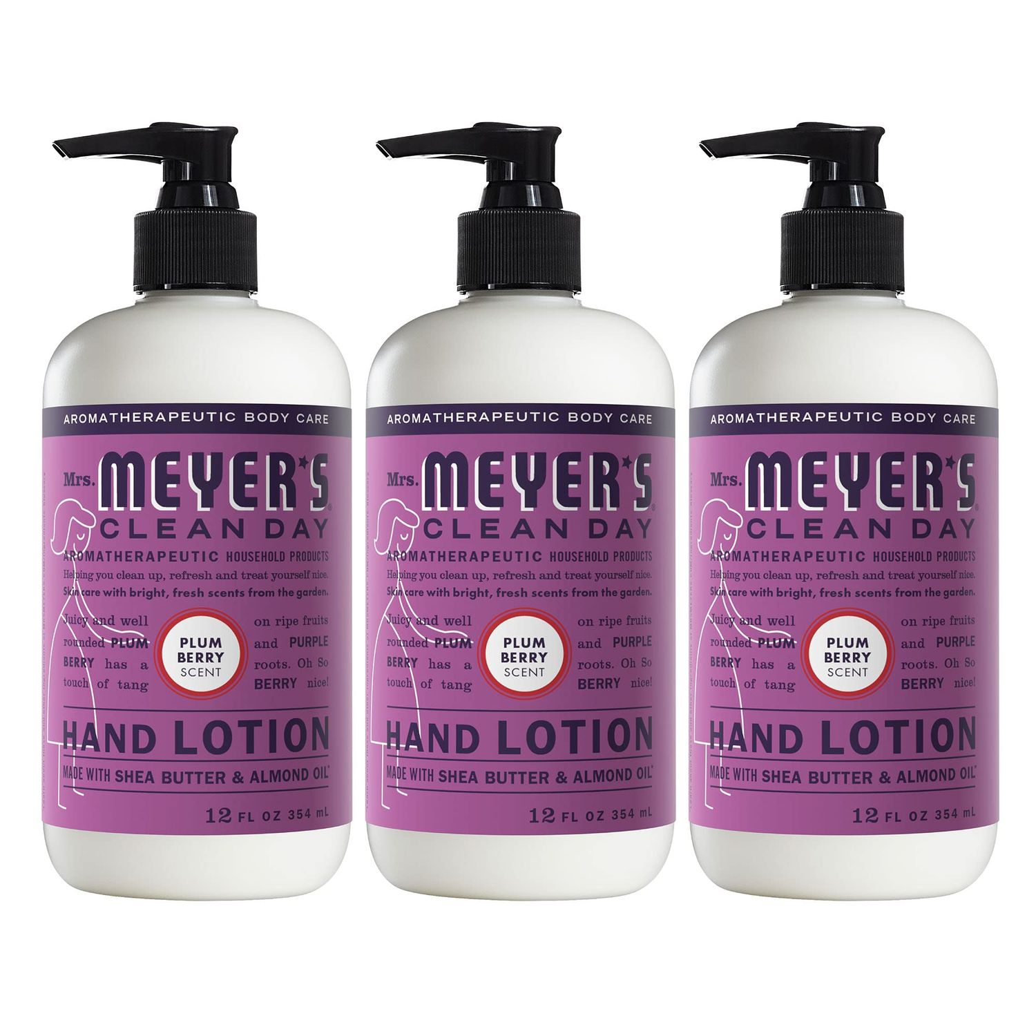 MRS. MEYER&#39;S CLEAN DAY Hand Lotion for Dry Hands, Non-Greasy Moisturizer Made with Essential Oils, Plum Berry, 12 oz Bottles, Pack of 3