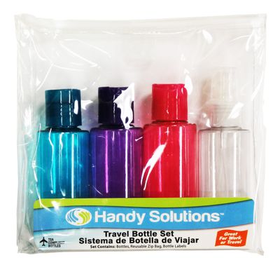 Handy Solutions 4-Piece Travel Size Bottle Set (3 Squeeze Bottles &amp; 1 Spray Bottle), Pack of 6, Colors May Vary, TSA Approved (Packaging May Vary)