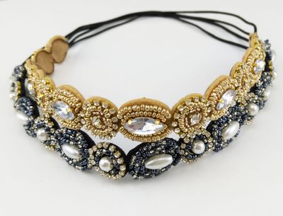 yueton Pack of 2 Handmade Crystal Rhinestone Beads Elastic Headband Hair Band Women Hair Accessories (Navy blue + Gold)