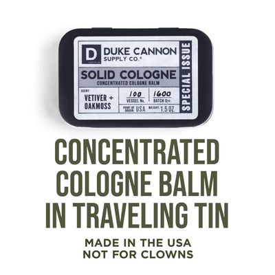 Duke Cannon Supply Co. Solid Cologne for Men Special Issue Vetiver and Oakmoss (Fresh Air, Sandalwood) - Concentrated Balm, Travel-Friendly Tin, 1.5 oz