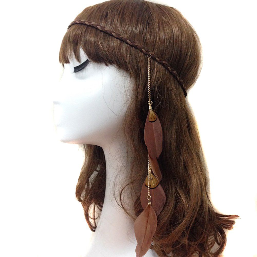 Fodattm Women Lady Bohemian Tassels Hairband Headwear Hippie Feather Headband Hair Hoop Handmade Indian Fascinator Headband Hair Bands Headdress Hair Accessories (Coffee)