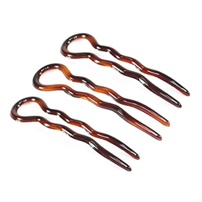 Parcelona French Sleek Brown Tortoise Shell Large 3 1/2&quot; Celluloid Made in France Set of 3 Wavy Crink U Shaped Chignon Hair Pins Updo Bun Pin Sticks for Women and Girls