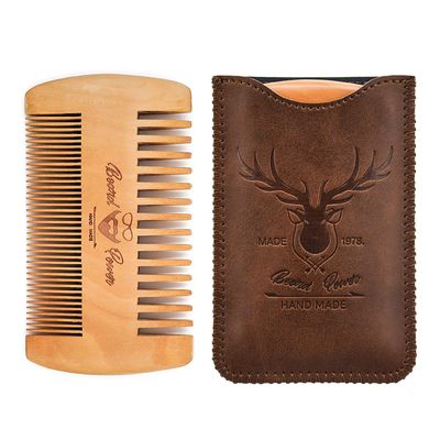 Menesia Wooden Comb with Durable Case - Fine &amp; Coarse Teeth, Pocket Comb for Beards, Mustaches &amp; Hair, Brown Deer Design